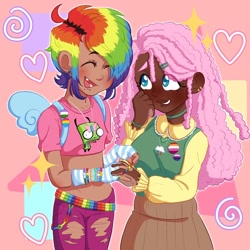 Size: 1440x1440 | Tagged: safe, artist:kattycaake, derpibooru import, fluttershy, rainbow dash, human, alternate hairstyle, backpack, badge, bag, belt, blushing, bracelet, choker, clothes, cute, dark skin, dashabetes, duo, ear piercing, earring, eyes closed, fangs, female, fingerless gloves, flutterdash, genderfluid, genderfluid pride flag, gir, gloves, grin, humanized, invader zim, jeans, jewelry, lesbian, lesbian pride flag, lip piercing, midriff, necklace, open mouth, pansexual, pansexual pride flag, pants, piercing, pride, pride flag, shipping, shirt, shyabetes, skirt, smiling, snake bites, sweater, sweatershy, t-shirt, torn clothes, trans female, transgender, transgender pride flag, tumblr nose