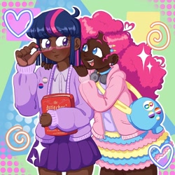 Size: 1440x1440 | Tagged: safe, artist:kattycaake, derpibooru import, pinkie pie, twilight sparkle, human, alternate hairstyle, bag, bisexual pride flag, blushing, book, choker, clothes, cute, dark skin, diapinkes, duo, ear piercing, earring, female, glasses, headphones, heart, hoodie, humanized, jewelry, lesbian, lesbian pride flag, nail polish, nonbinary, nonbinary pride flag, open mouth, piercing, pride, pride flag, shipping, shirt, skirt, tumblr nose, twiabetes, twinkie