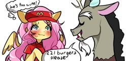 Size: 858x416 | Tagged: safe, artist:mayavtuber, derpibooru import, discord, fluttershy, draconequus, antlers, blushing, clothes, female, hat, implied discoshy, implied shipping, implied straight, male, mcdonald's, raised hoof, raised leg, shirt, simple background, snaggletooth, thought bubble, white background