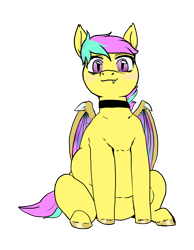 Size: 2253x2900 | Tagged: safe, artist:tacodeltaco, derpibooru import, oc, oc:star shower, bat pony, 2022 community collab, bat pony oc, collar, derpibooru community collaboration, fangs, fat, female, looking at you, simple background, transparent background