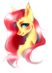 Size: 2135x3000 | Tagged: safe, artist:aneko77, derpibooru import, fluttershy, pony, aside glance, blushing, bust, chest fluff, ear fluff, ears, female, high res, looking at you, mare, portrait, simple background, smiling, solo, white background