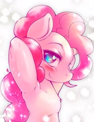 Size: 1590x2048 | Tagged: safe, artist:kurogewapony, derpibooru import, pinkie pie, earth pony, semi-anthro, arm behind head, blushing, cute, female, looking at you, mare, smiling, solo, stupid sexy pinkie
