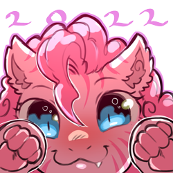 Size: 1159x1159 | Tagged: safe, artist:cold-blooded-twilight, derpibooru import, pinkie pie, big cat, tiger, 2022, :3, cute, cute little fangs, fangs, looking at you, paws, pinkie cat, simple background, smiling, species swap, transparent background, underpaw, year of the tiger