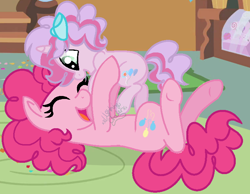 Size: 754x584 | Tagged: safe, artist:xxlightning-chaserxx, derpibooru import, pinkie pie, oc, pony, base used, female, filly, foal, lying down, offspring, on back, parent:pinkie pie, parent:pokey pierce, parents:pokeypie