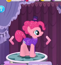 Size: 1000x1066 | Tagged: safe, derpibooru import, screencap, pinkie pie, earth pony, pony, clothes, cropped, female, gameloft, glitter, hat, mare, open mouth, open smile, question mark, smiling, solo, sparkly mane