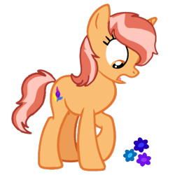 Size: 4000x4000 | Tagged: safe, artist:naturajellyfish, derpibooru import, oc, oc only, pony, unicorn, absurd resolution, female, flower, full body, horn, looking down, mare, open mouth, orange coat, orange eyes, red hair, short tail, show accurate, simple background, solo, standing, tail, transparent background, two toned mane, two toned tail, unicorn oc, unnamed oc