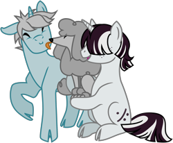 Size: 2290x1889 | Tagged: safe, artist:saby, derpibooru exclusive, derpibooru import, oc, oc only, oc:ironwood atlas, oc:morse code, dog, pony, poodle, unicorn, 2022 community collab, carrying, cloven hooves, colored, derpibooru community collaboration, eyes closed, face licking, flat colors, hair over eyes, holding, licking, male, one ear down, raised hoof, raised leg, simple background, sitting, smiling, stallion, standing, tongue, tongue out, transparent background, trio, vector