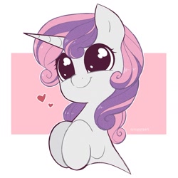 Size: 1601x1601 | Tagged: safe, artist:syrupyyy, derpibooru import, sweetie belle, pony, unicorn, abstract background, big eyes, bust, cute, diasweetes, dilated pupils, eyelashes, female, filly, floating heart, foal, happy, heart, hnnng, hooves to the chest, smiling, solo, weapons-grade cute, white outline