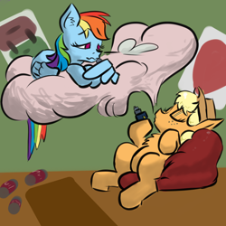 Size: 3000x3000 | Tagged: safe, artist:fumalunga, derpibooru import, applejack, rainbow dash, beanbag chair, cans, chair, chest fluff, cloud, eyes closed, implied lesbian, on a cloud, relaxed, vape, wavy mouth