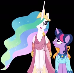 Size: 1400x1374 | Tagged: safe, derpibooru import, edit, edited screencap, editor:twilyisbestpone, screencap, princess celestia, twilight sparkle, twilight sparkle (alicorn), alicorn, pony, make new friends but keep discord, background removed, black background, clothes, dress, female, gala dress, hair over one eye, hoof shoes, mare, simple background