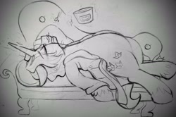 Size: 4061x2694 | Tagged: safe, artist:dsstoner, fancypants, pony, unicorn, clothes, crying, distressed, dramatic, dramatic pose, fainting couch, food, hoof on head, ice cream, magic, monocle, open clothes, robe