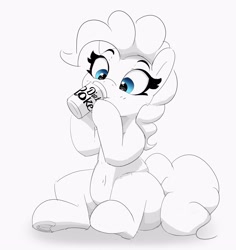 Size: 3450x3653 | Tagged: safe, artist:pabbley, derpibooru import, pinkie pie, earth pony, pony, belly button, diet coke, drink, drinking, female, frog (hoof), grayscale, holding, looking down, mare, monochrome, neo noir, partial color, raised hoof, raised leg, simple background, sitting, smiling, soda, soda can, solo, underhoof, white background