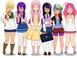 Size: 1024x768 | Tagged: safe, derpibooru import, applejack, fluttershy, pinkie pie, rainbow dash, rarity, twilight sparkle, human, boots, clothes, humanized, kisekae, mane six, shoes, simple background, socks, striped socks, transparent background