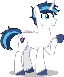 Size: 1280x1534 | Tagged: safe, artist:stellardusk, derpibooru import, shining armor, pony, unicorn, alternate hairstyle, male, raised leg, redesign, short hair, simple background, smiling, solo, stallion, transparent background, unshorn fetlocks