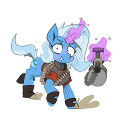 Size: 2000x2000 | Tagged: safe, artist:rellopone, derpibooru import, trixie, pony, unicorn, female, gun, heavy, levitation, magic, mare, team fortress 2, telekinesis, tomislav, weapon