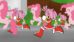 Size: 3584x2016 | Tagged: safe, artist:animatedjames, derpibooru import, pinkie pie, amy rose, clone, crossover, pinkie clone, running, sonic the hedgehog (series)