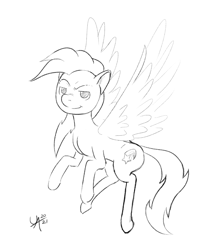 Size: 1671x1920 | Tagged: safe, artist:underwoodart, derpibooru import, oc, oc:shooting star, pegasus, black and white, digital art, flight of the valkyrie, flying, grayscale, monochrome, pegasus oc, simple background, sketch, smug, solo, spread wings, white background, wings, wip