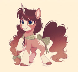 Size: 2722x2523 | Tagged: safe, artist:imalou, derpibooru import, oc, oc only, oc:fairy inkcap, pony, unicorn, bow, braid, brown mane, commission, cream background, female, freckles, green eyes, hair bow, mare, simple background, smiling, solo, tail, tail bow, unshorn fetlocks