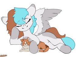 Size: 3961x3017 | Tagged: safe, artist:avery-valentine, derpibooru import, cat, pegasus, pony, blue hair, brown hair, simple background, solo, white background