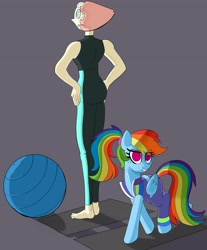 Size: 2914x3512 | Tagged: safe, artist:_ton618_, derpibooru import, pegasus, pony, ass, barefoot, butt, crossover, duo, feet, female, mare, pearl (steven universe), steven universe, workout outfit, yoga ball