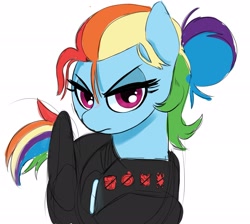 Size: 2039x1825 | Tagged: safe, artist:_ton618_, derpibooru import, rainbow dash, pegasus, pony, alternate hairstyle, alternate universe, fantasy class, female, hair bun, lidded eyes, looking at you, mare, rogue, solo