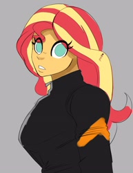 Size: 2186x2836 | Tagged: safe, artist:_ton618_, derpibooru import, sunset shimmer, human, equestria girls, biker, female, humanized, looking at you, no pupils, pony coloring, solo