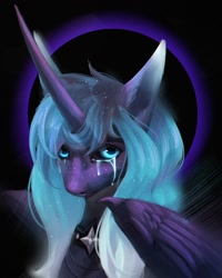 Size: 1080x1350 | Tagged: safe, artist:inarimayer, derpibooru import, oc, oc only, alicorn, pony, alicorn oc, black sclera, bust, crying, female, horn, mare, solo, wings