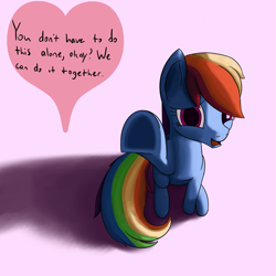 Size: 2053x2053 | Tagged: safe, artist:librarylonging, derpibooru import, rainbow dash, pegasus, pony, dialogue, heart, looking at you, open mouth, raised hoof, raised leg, sitting, solo, talking, talking to viewer, text, underhoof