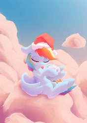 Size: 2819x4000 | Tagged: safe, artist:senaelik, derpibooru import, rainbow dash, pegasus, pony, chocolate, christmas, cloud, cute, dashabetes, ear fluff, ears, eyes closed, female, floppy ears, food, hat, high res, holiday, hoof hold, hot chocolate, hot drink, mare, missing cutie mark, mug, on a cloud, outdoors, partially open wings, pastel colors, santa hat, sitting, sky, solo, wings