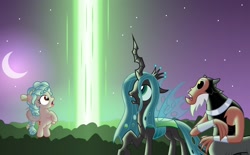 Size: 3000x1857 | Tagged: safe, artist:aleximusprime, derpibooru import, cozy glow, lord tirek, queen chrysalis, centaur, changeling, changeling queen, pegasus, pony, taur, flurry heart's story, beam, blast, fanfic in the description, female, forest, looking up, magic, magic blast, male, moon, night