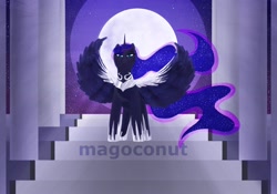 Size: 2048x1431 | Tagged: safe, artist:magoconut, derpibooru import, princess luna, alicorn, pony, armor, horn, jewelry, looking at you, mago loves stairs, moon, moonlight, night, night sky, palace, regalia, silver, sky, solo, spread wings, stairs, stars, watermark, wing armor, wings