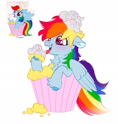 Size: 1961x2048 | Tagged: safe, artist:draw3, derpibooru import, rainbow dash, pegasus, pony, chest fluff, cupcake, food, heart eyes, open mouth, simple background, smiling, sprinkles, tongue, tongue out, white background, wingding eyes