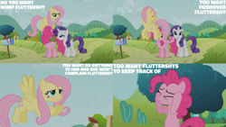Size: 1280x720 | Tagged: safe, derpibooru import, edit, edited screencap, editor:quoterific, screencap, fluttershy, pinkie pie, rarity, earth pony, pegasus, pony, unicorn, putting your hoof down, season 2, bipedal, eyes closed, female, flying, mare, open mouth