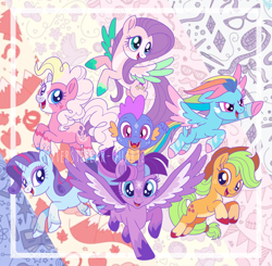 Size: 2624x2576 | Tagged: safe, artist:interstellar-quartz, derpibooru import, applejack, fluttershy, pinkie pie, rainbow dash, rarity, spike, twilight sparkle, twilight sparkle (alicorn), alicorn, pony, g3, alternate design, g4 to g3, generation leap, mane seven, mane six