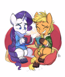 Size: 2480x2924 | Tagged: safe, artist:fanzeem, derpibooru import, applejack, rarity, earth pony, pony, unicorn, beanbag chair, braid, chocolate, clothes, colored hooves, cup, cute, duo, eyes closed, female, food, grin, high res, hoof hold, hot chocolate, hot drink, looking at something, mare, marshmallow, simple background, sitting, smiling, sweater, unshorn fetlocks, warm, white background