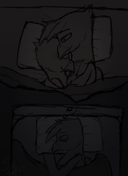 Size: 1900x2600 | Tagged: safe, artist:somber, derpibooru import, oc, oc only, oc:sombird, griffon, bed, blanket pillow, cuddling, dark, depression, edgy, female, griffon oc, hug, male, snuggling, thought bubble