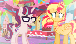 Size: 1462x848 | Tagged: safe, artist:awoomarblesoda, derpibooru import, sunset shimmer, oc, oc:stardust afterglow, alicorn, pony, unicorn, alicorn oc, alicornified, base used, duo, eyelashes, female, frown, glasses, horn, indoors, magical lesbian spawn, mare, offspring, parent:moondancer, parent:starlight glimmer, parents:glimmerdancer, peytral, race swap, smiling, wings
