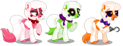 Size: 1056x398 | Tagged: safe, artist:awoomarblesoda, derpibooru import, fox, fox pony, hybrid, pony, robot, robot pony, base used, black sclera, crossover, five nights at freddy's, foxy, hook, lolbit, mangle, raised hoof, raised leg, simple background, transparent background