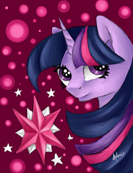 Size: 1000x1300 | Tagged: safe, artist:avonir, derpibooru import, twilight sparkle, unicorn twilight, pony, unicorn, abstract background, bust, eyelashes, female, mare, smiling