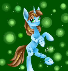 Size: 1008x1050 | Tagged: safe, artist:avonir, derpibooru import, oc, oc only, pony, unicorn, abstract background, rearing, signature, smiling