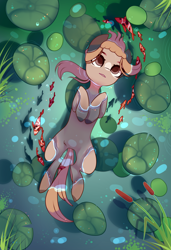 Size: 1300x1900 | Tagged: safe, alternate version, artist:nazori, derpibooru import, oc, oc only, earth pony, fish, pony, alternate character, commission, earth pony oc, featureless crotch, lilypad, lying down, on back, outdoors, pond, reed, solo, water, ych result