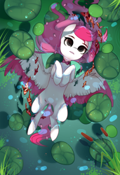 Size: 1300x1900 | Tagged: safe, alternate version, artist:nazori, derpibooru import, oc, oc only, fish, pegasus, pony, alternate character, colored wings, commission, featureless crotch, lilypad, lying down, on back, outdoors, pegasus oc, pond, reed, solo, spread wings, two toned wings, water, wings, ych result