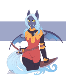Size: 1276x1496 | Tagged: safe, artist:ladychimaera, derpibooru import, oc, oc only, anthro, bat pony, abstract background, anthro oc, armor, bat pony oc, bat wings, clothes, dagger, female, gauntlet, greaves, looking at you, mare, shield, skintight clothes, smiling, smiling at you, solo, unconvincing armor, weapon, wings
