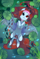 Size: 1300x1900 | Tagged: safe, alternate version, artist:nazori, derpibooru import, oc, oc only, fish, pegasus, pony, alternate character, commission, featureless crotch, heterochromia, lilypad, lying down, on back, outdoors, pegasus oc, pond, reed, solo, spread wings, water, wings, ych result