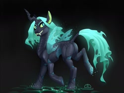 Size: 1545x1171 | Tagged: safe, artist:ladychimaera, derpibooru import, oc, oc only, changeling, changeling queen, black background, butt, changeling queen oc, fangs, male, plot, simple background, smiling