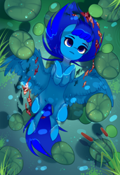 Size: 1300x1900 | Tagged: safe, alternate version, artist:nazori, derpibooru import, oc, oc only, fish, pegasus, pony, alternate character, commission, featureless crotch, lilypad, lying down, on back, outdoors, pegasus oc, pond, reed, solo, spread wings, water, wings, ych result