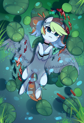 Size: 1300x1900 | Tagged: safe, alternate version, artist:nazori, derpibooru import, oc, oc only, fish, pegasus, pony, alternate character, commission, featureless crotch, lilypad, lying down, on back, outdoors, pegasus oc, pond, reed, solo, spread wings, water, wings, ych result