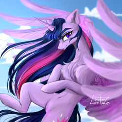 Size: 3200x3200 | Tagged: safe, artist:livitoza, derpibooru import, twilight sparkle, twilight sparkle (alicorn), alicorn, pony, blue tail, chest fluff, cloud, cutie mark, ear fluff, ears, female, flying, horn, looking back, mare, multicolored mane, purple coat, purple eyes, shoulder fluff, side view, signature, sky, smiling, solo, spread legs, spread wings, watermark, wings