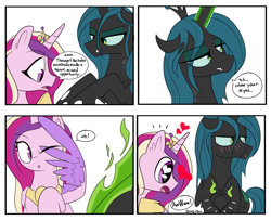 Size: 3442x2799 | Tagged: safe, artist:icey, derpibooru import, princess cadance, queen chrysalis, changeling, changeling queen, pegasus, pony, blushing, comic, cute, cutealis, cutedance, duo, duo female, female, heart, heart eyes, high res, mare, one eye closed, shapeshifting, simple background, tsundalis, tsundere, wingding eyes