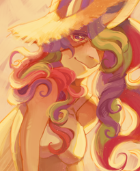 Size: 1800x2200 | Tagged: safe, artist:yuyusunshine, derpibooru import, princess celestia, alicorn, anthro, hair over one eye, hat, looking at you, smiling, solo, straw hat